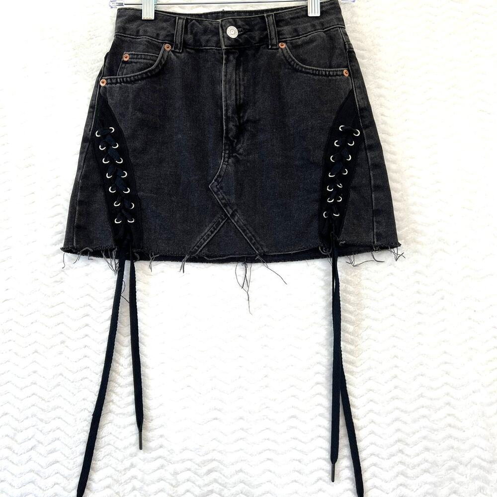 Topshop Moto Black Cutoff Demin Lace Up Edgy Biker Grunge Mini Skirt Womens 4